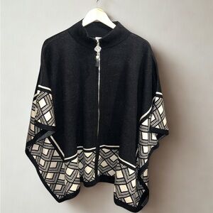 Anne Klein Black and Cream Zip-Front Poncho